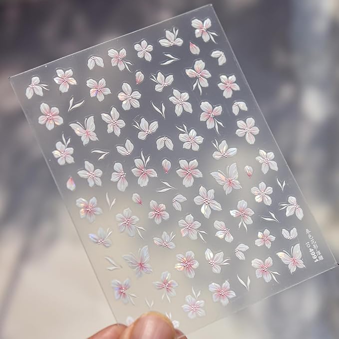 1 Sheet of Pink Flower Nail Stickers, Aurora Gradient Floral Nail Art Stickers, 5D Embossed Self-Adhesive Nail Decals for Women DIY Spring Floral Manicure Decoration Supplies