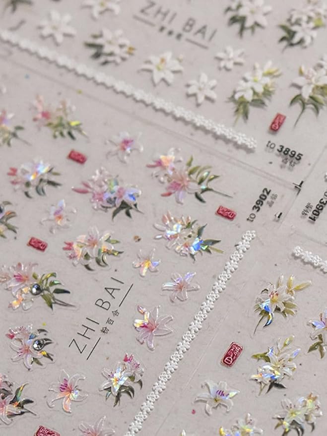 Pink Lily Nail Stickers 5D Embossed – Premium Salon-Quality Nail Charm Accessories, Easy Application & Self-Adhesive Pearl Floral Blossom Decal for DIY Manicure, Nail Art, Press on, Home or Salon Use