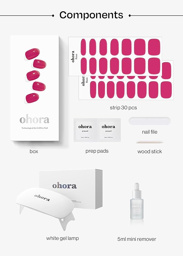 ohora Semi-Cured Gel Nail Strips Value Set (N Tint Reddish Starter Kit) Includes Full Size Lamp and Mini Remover, Salon-Quality, Long Lasting, Easy to Apply & Remove