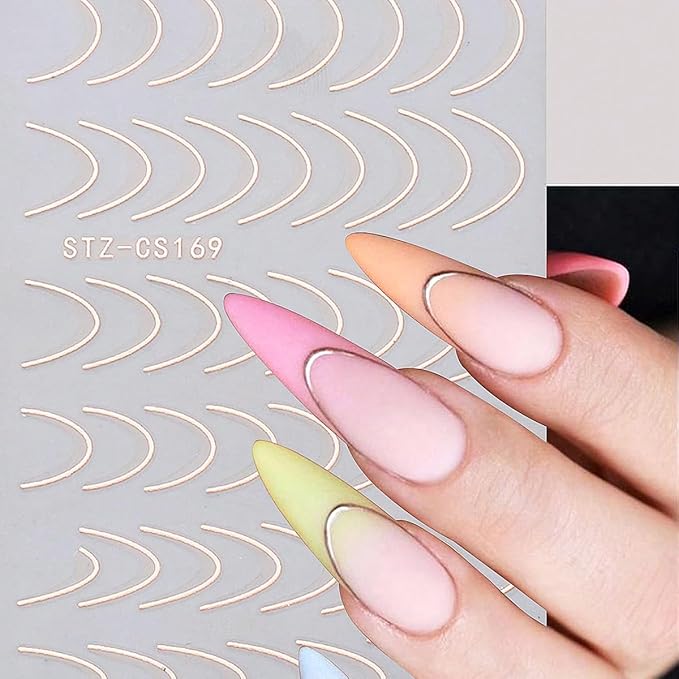 8 Pieces French Tip Line Nail Art Stickers 3D Simple Lines Nail Stickers Black White Gold Silver Metal Stripes Adhesive Decals Curved Gel Nail Art Polish Sliders Manicure Foils Decor Accessories