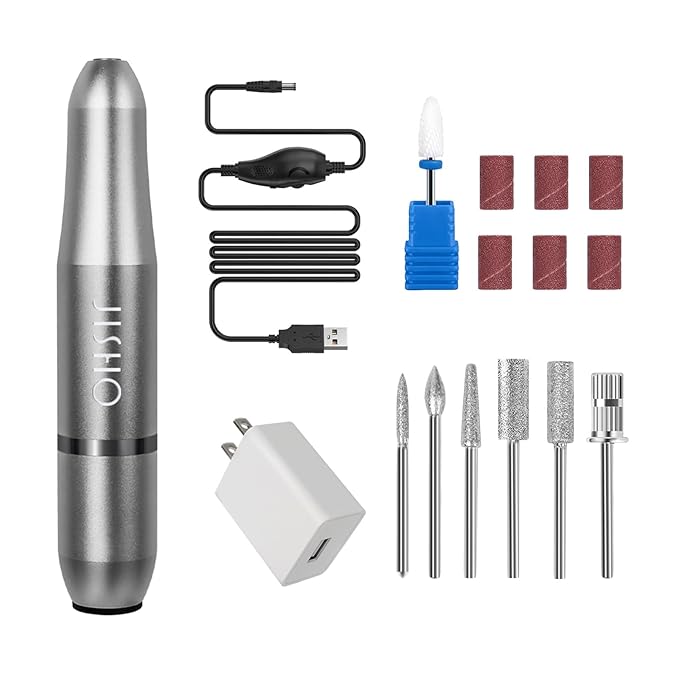 JISHO Nail Drill, Electric Nail Drill Machine for Acrylic Nails, Portable Corded Nail File with Ceramic Bits, Adjustable 25000 RPM, Ideal for Beginners and Professionals (Gray)