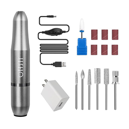 JISHO Nail Drill, Electric Nail Drill Machine for Acrylic Nails, Portable Corded Nail File with Ceramic Bits, Adjustable 25000 RPM, Ideal for Beginners and Professionals (Gray)