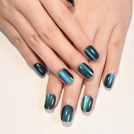 Peacock Blue Cat Eye Short Press on Nails Square, Blue Short Square Glue on Nails for Women Gift, Metallic Glitter Glossy Reusable Spring Summer Stick Gel Press on Acrylic Fake Nail with Designs 03