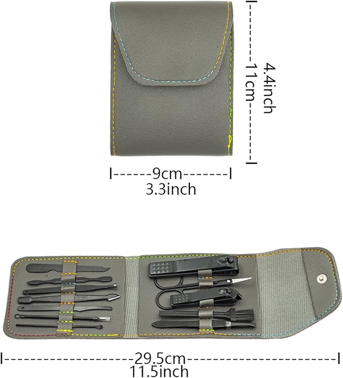 Nail Clipper Set, 12PCS Manicure Set Fingernail Clippers Kit Black Stainless Steel Pedicure and Manicure Kit with Grey PU Leather Case