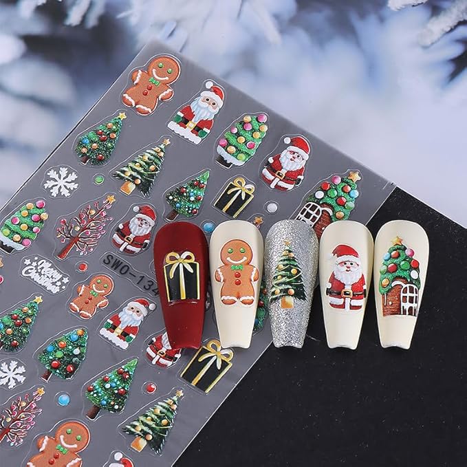 2Pcs Christmas Nail Stickers Christmas Tree Decals for Nail Art Bow Nail Design 5D Embossed Father Christmas Lamp Strip Nails Art Supplies Snowman Pine Tree Nails Accessories for Women DIY Decoration