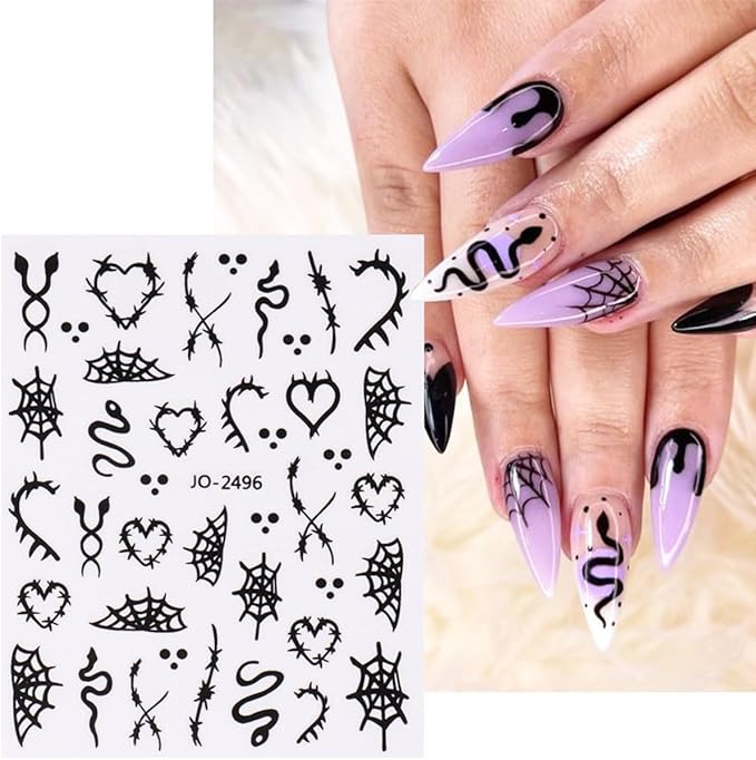 6 Sheet Halloween Nail Stickers Spider Web Spiders Nail Decals 3D Self-Adhesive Design Spooky Bat Snake Skull Nail Art Stickers Silver Black Scary Ghost Nail Art Supplies for Halloween Nail Decoration