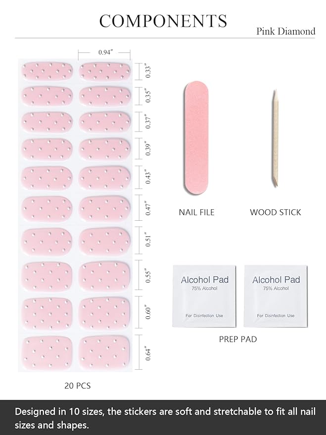 Semi Cured Gel Nail Strips (Pink Diamond), 20 Pcs Gel Nail Wraps, Stickers, UV Light Required, Salon Quality, Long Lasting
