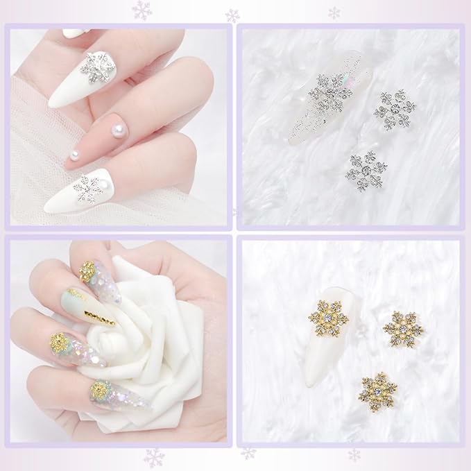 20Pcs Christmas Snowflake Nail Charms and Gems Gold Silver Alloy Snowflake Xmas Nail Art Charms Rhinestone Jewelry for Women DIY Winter Christmas Holiday Party Nail Decoration Supply