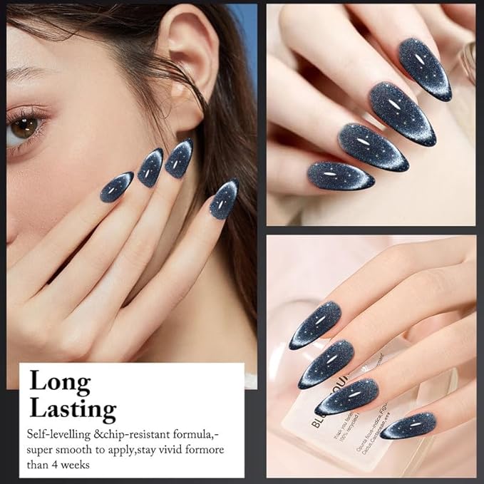 Cat Eye Gel Nail Polish Set with Rhinestone -15ml, Magnetic Wand Included, 28 Days Long-Lasting, Luxe Luster
