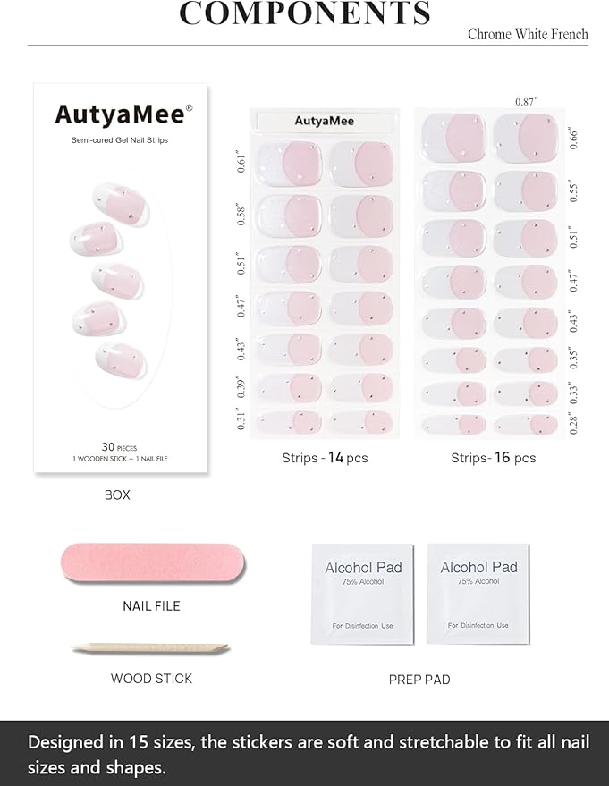 Semi Cured Gel Nail Strips (Chrome White French), Pearls, Glazed Donut, 30 Pcs Gel Nail Wraps, Stickers, UV Light Required