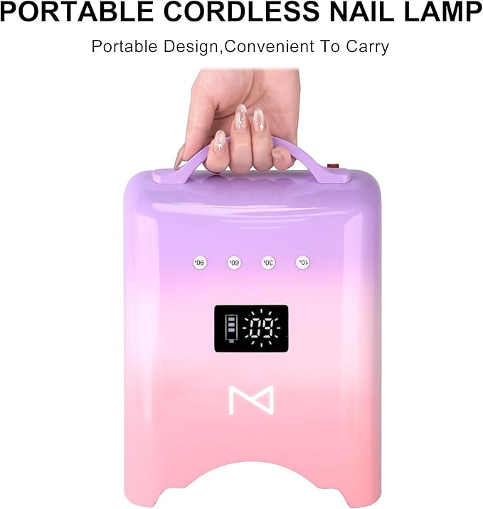 M - NEO Cordless & Rechargeable Nail Curing Lamp 78W with 4 LCD Time Display Timer, Auto Sensor, and Spacious Interior for All Hand Sizes and Nail Lengths (Pink)