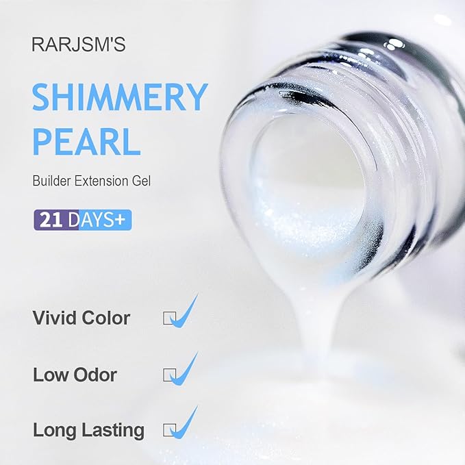 RARJSM Pearl White Gel Builder Nail Polish Blue Glitter Hard Gel in a Bottle Mermaid Shell Shimmer Pearlescent Thick Extension Structure Gels for Nails 15ml Soak Off Curing Requires Salon Home Use