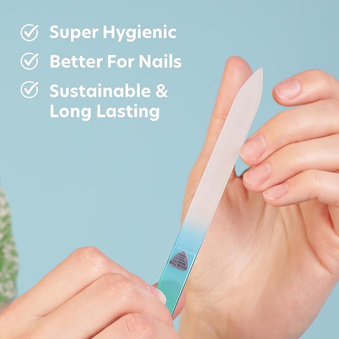 Bona Fide Beauty Glass Nail File with Case (Aqua) - 1 Piece Luxurious Gifts for Women, Crystal Etched Nail File for Natural Nails