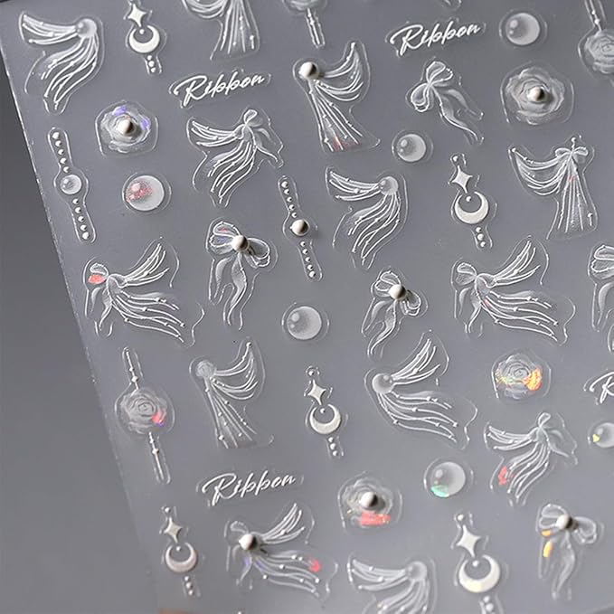 White Flower Nail Art Stickers Decals 5D Embossed Nail Decals Self Adhesive Pearl Bow Nails Stickers Spring Flower Nails Transfer Decals Floral Nails Supplies for Women Nail Art Decorations