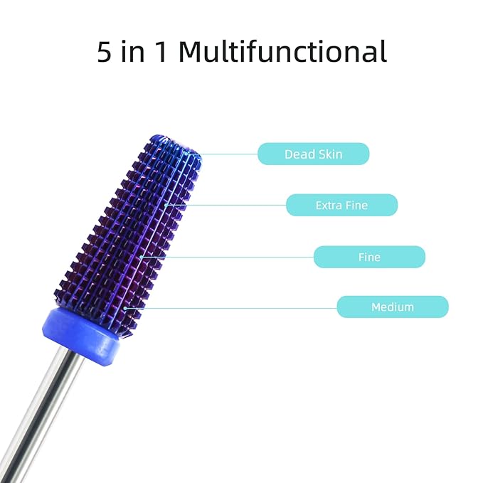 Purple 5 in 1 Nail Drill Bit, 15mm Tapered Carbide Nail Bits, Professional Straight Cut Drill Bits for Nails, 3/32" Two-way, Electric Manicure Gel Polish Acrylic Powder Removal Tool, Medium