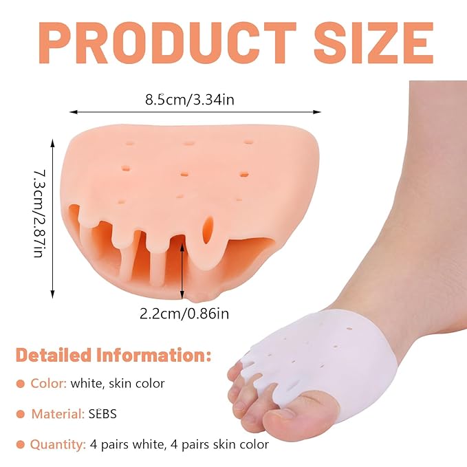 8 Pairs Silicone Toe Separators for Women Pedicure, Breathable Toe Spacers Cushions, Bunion Corrector for Women Metatarsal Overlapping Pads Relieve Foot Gel (White & Skin Color)
