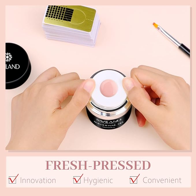 SAVILAND Builder Nail Gel Kit, Nudes Pink Hard Gel Nail Extension with Air Cushion Design, Base and Strengthener Builder with 100pcs Forms and Acrylic Brushes