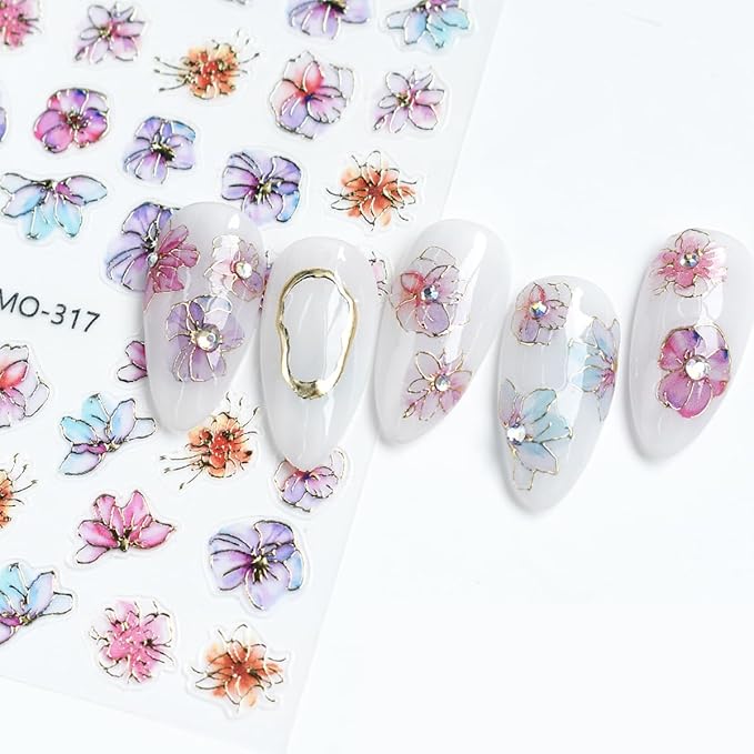 4 Sheets Shiny Flower Nail Stickers for Nail Art 3D Glitter Purple Golden Flower Nail Design Stickers Purple Golden Glossy Nail Decals Holographic Nail Supplies for Women DIY Nails Art Decoration