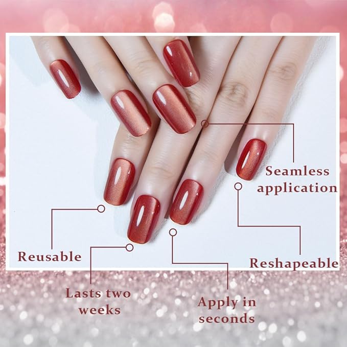 Red Cat Eye Press on Nails Medium Square, Medium Square Press Glue on Nails Chrome for Women Gift, Red Holographic Glitter Glossy Reusable Soft Gel Acrylic Fake Nail with Designs Cateye Effect