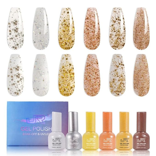 JR 6Pcs Colorful Collection Gel Nail Polish Sparkly Shiny Soak Off White Silver Brown Gel Polish Nail Art Salon Design for Women (137P, 15ml)