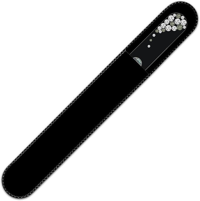 Large Size Glass Nail File Hand Decorated with Swarovski Elements, in Black Velvet Sleeve, Genuine Czech Tempered Glass, Lifetime Guarantee, Hand-Made Crystal Nail File