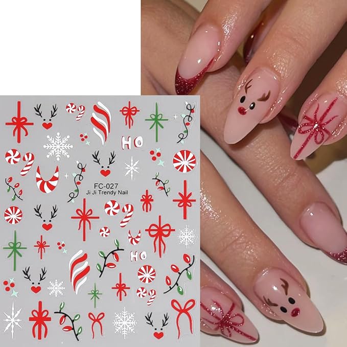 Christmas Nail Stickers for Nail Art, French Gift Bow Snowflake Nail Art Stickers 6PCS Colorful Light Candy Cane Deer HoHo Xmas Nails Design Adhesive Decals for Acrylic Nails DIY Manicure Decorations