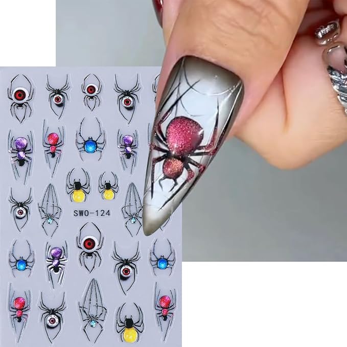Halloween Nail Stickers 5D Spooky Skull Spider Nail Decals DIY Self Adhesive Mushroom Crow Flower Spider Web Nail Design Sticker Nail Decoration Supplies Holiday Manicure Accessories for Women 3Pcs