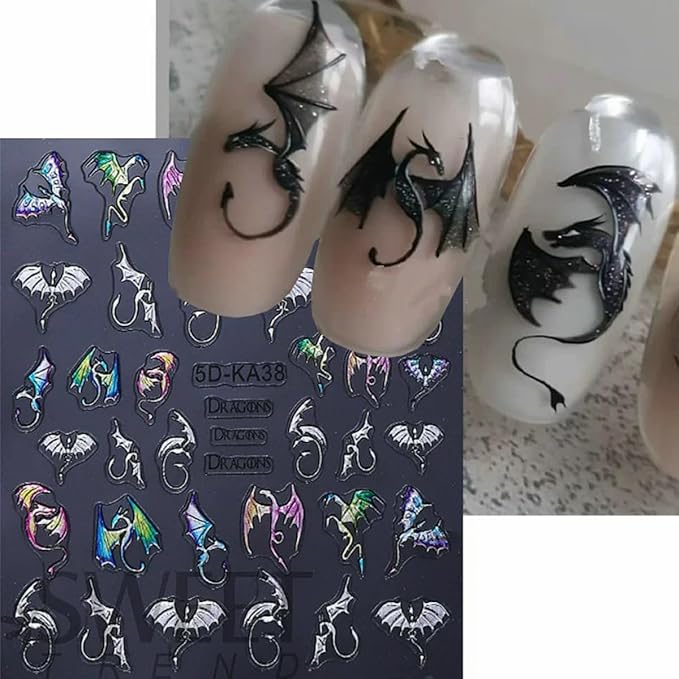 5D Embossed Dragon Nail Art Stickers 2PCS Silvery Flying Devil Bat Halloween Nail Decals Nail Art Supplies Sweet& Cool Flying Dragon Self-Adhesive Nail Stickers for Women DIY Nail Salon Decoration