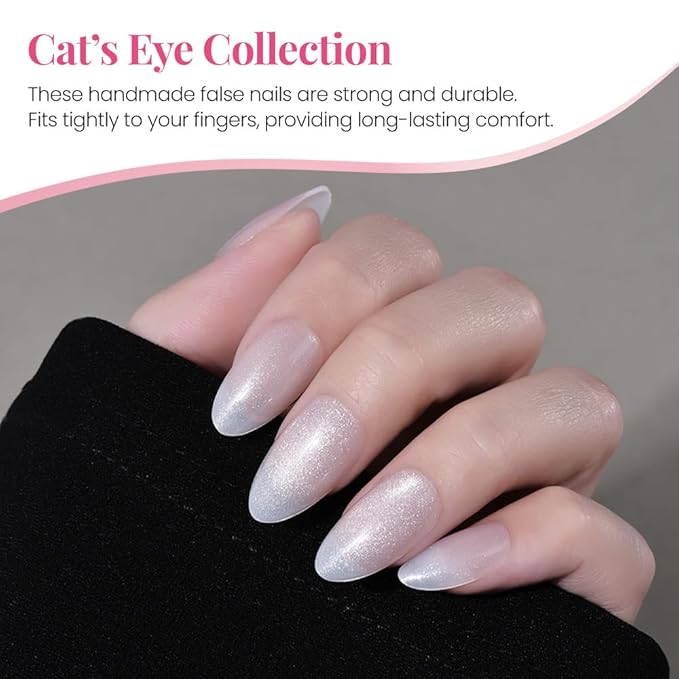 evpct Cat Eye Press on Nails Almond Short, Cat Eye Stick on Nails Press on, Pearl White Glitter Short Almond Press Glue on Nails, Fake Nails Press ons with glue, 30Pcs Reusable Acrylic Fake Nails Kit