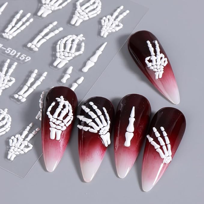 5D Embossed Halloween Nail Stickers for Nail Art Kit 3 Sheets Halloween Skull & Skeleton Nail Art Stickers Decals Gothic Nails Design Rose Gold Hand Bone Nail Supplies for Women Holiday Nails Decor