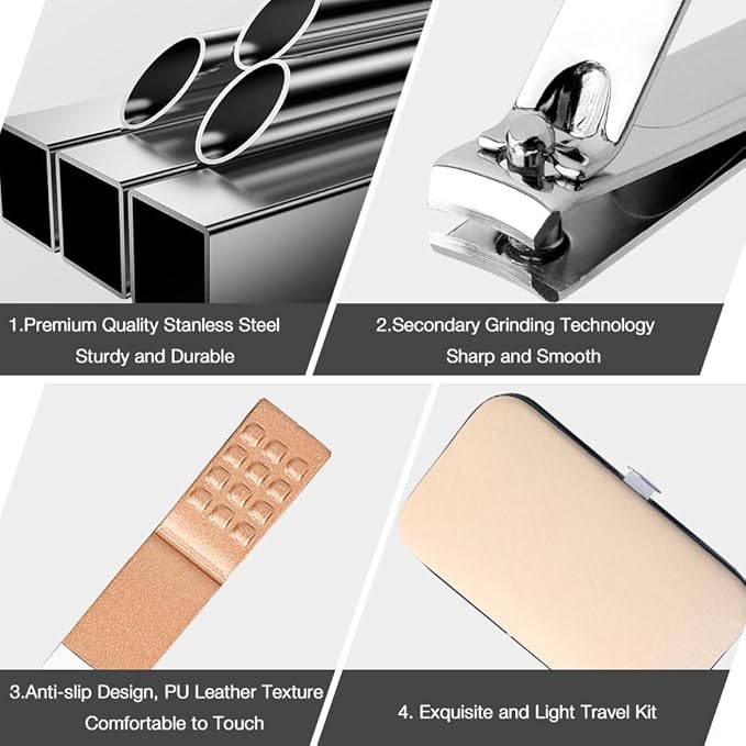 Christmas Gifts Birthday Gift Nail Clippers For Women Manicure Kit Nail Tweezers Professional Stainless Steel With Leather Travel Case Stocking Stuffers For Girlfriend Wife Mother Kit 7 In 1 Rose Gold