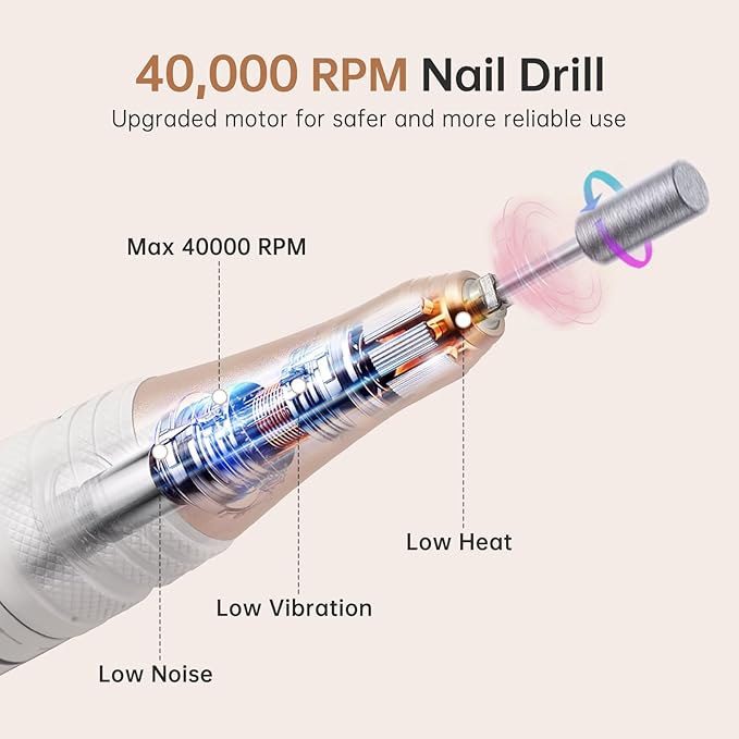 Electric Nail Drill,40000RPM Cordless Nail File Diamond with 12 Drill Bits for Acrylic Nails Gel Polishing,E File Nail Kit Machine for Manicure Salon Home (AB White Diamond)
