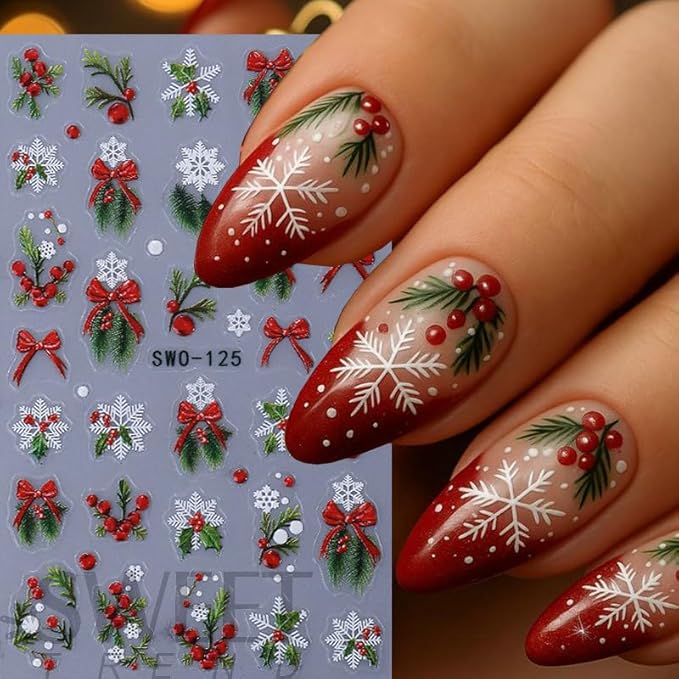 4Pcs Christmas Nail Stickers Red Bow Christmas Tree Leaf Nail Decals DIY Self Adhesive Snowflake Flower Group Cute Snowman Design Nail Decoration Supplies Holiday Manicure Accessories for Women