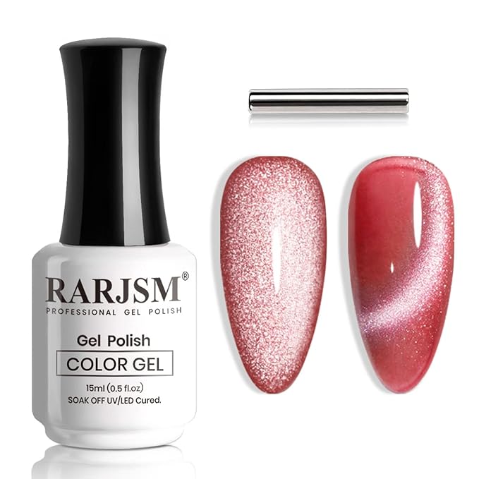 RARJSM Cat Eye Gel Nail Polish Nude Red 9D Cateye Galaxy Universal Glitter Shimmer Velvet Ice Gel Polish 15ml Single Bottle with Magnetic Stick UV LED Curing Requires Soak Off Home Salon DIY Manicure