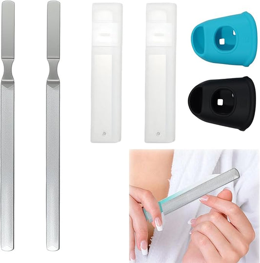6 Pcs Stainless Steel Toenail File for Thick Nails with 4 Sided Heavy Duty Nail File Surface, Includes 2 Bright Nail Buffers and 2 Thumb Protectors for Tough Toenails Care