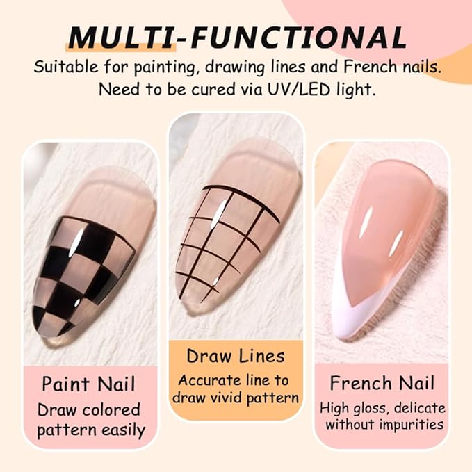 Painting Nail Gel Liner Polish Set, 2pcs 8ml Black White Glossy Painting Drawing Line Swirl French Nail Design DIY Manicure Soak Off UV Curing with Thin Nail Art Brush