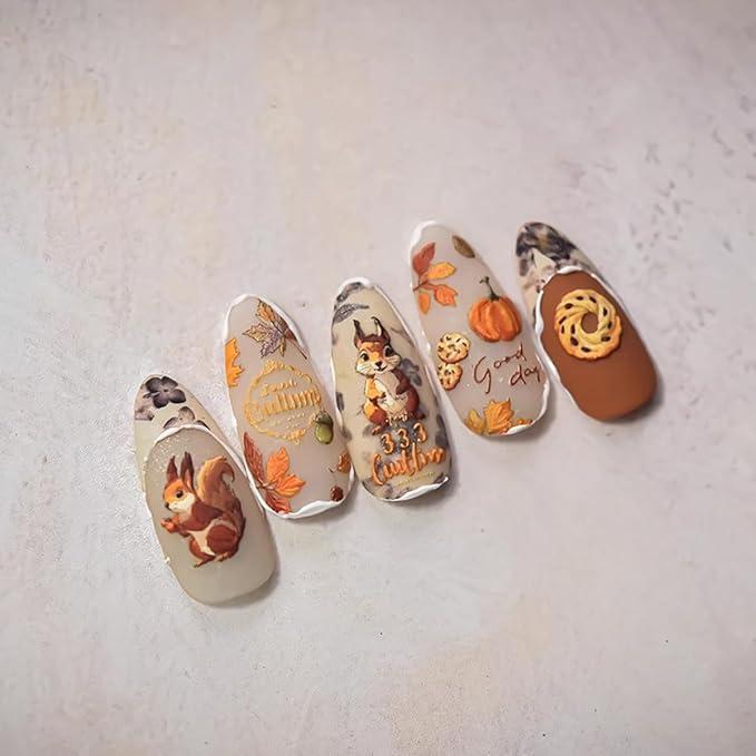 1 Sheets Fall Nail Stickers Autumn Maple Leaf Nail Art Stickers for Nail Art Cute Pine Cones Pumpkin Designs 5D Embossed Self-Adhesive Thanksgiving Nail Decals for Women Acrylic Manicure DIY