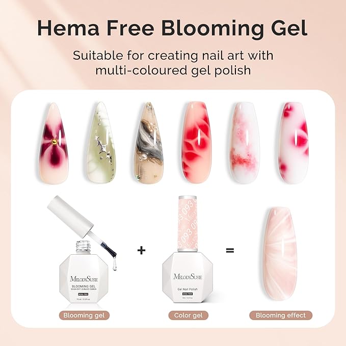 MelodySusie Hema Free Blooming Gel and Top Coat Set HEMA, HPMA, TPO Free for Nail Design 0.5 Fl Oz Marble Watercolor UV Nail Polish Spreading Effect Nail Salon Manicure at Home 2PCS