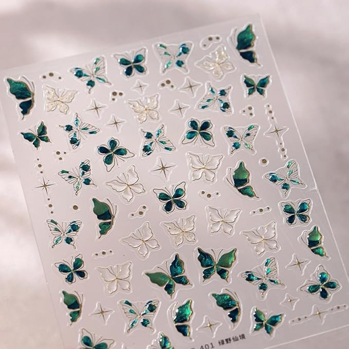 Butterfly Nail Stickers 5D Embossed Gold Green Butterfly Nail Art Sticker Self Adhesive Nail Decals Summer Nail Art for Women Girls Manicure DIY Nails Supplies