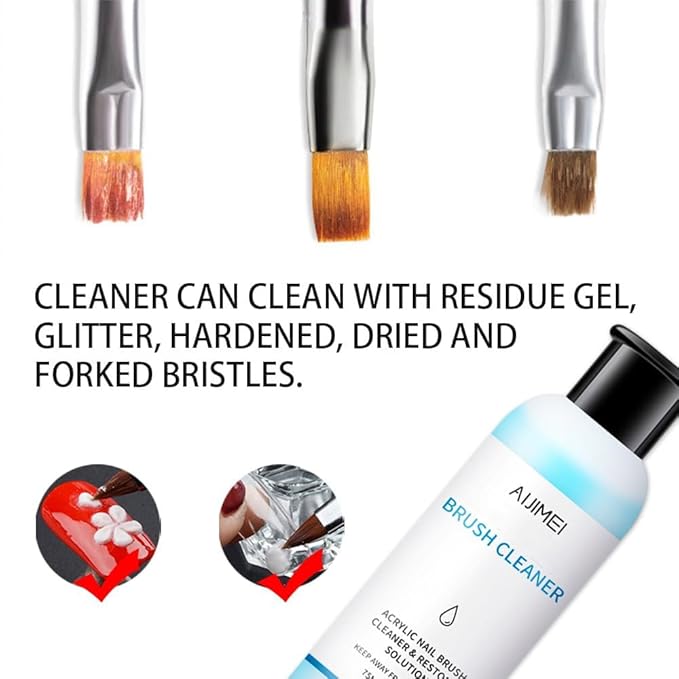 AIJIMEI Nail Brush Cleaner - 4oz Gel Solution for Preserving & Restoring Nail Art Brushes - Includes Glass Cup & Cleaning Cotton Pads - Effective Manicure Brush Cleaning Set (120ml)