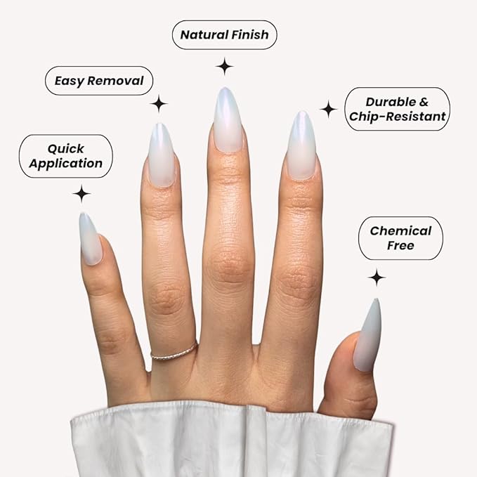 Perfect Look Press On Nails - Glazed Pearl | No Glue One-Day Medium Almond Fake Nails, Sheer White Nails with Gloss Finish - 24 Pcs Nail Kit with Adhesive Tabs