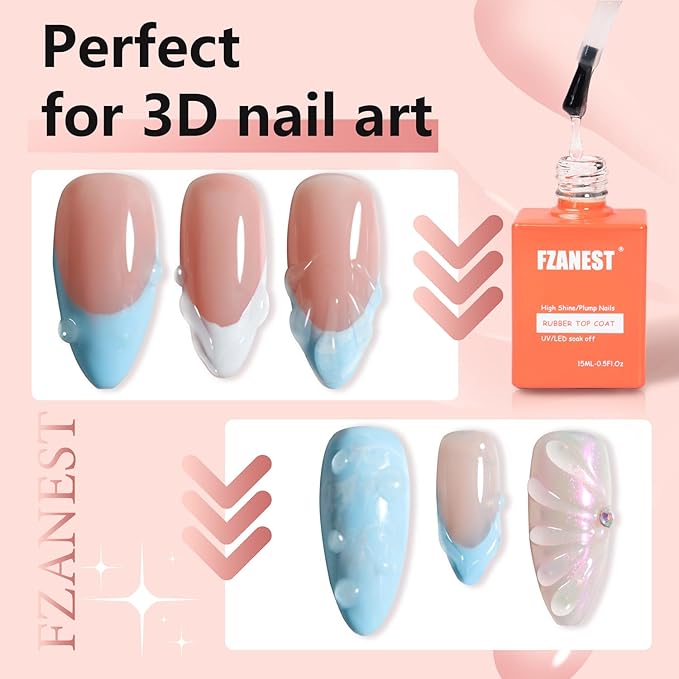 FZANEST Rubber Gel Top Coat Gel Nail Polish 15ML Ultra Shine No Wipe Thick 3D Nail Art Top Finish For Nail Strengthen Enhanced Plumping