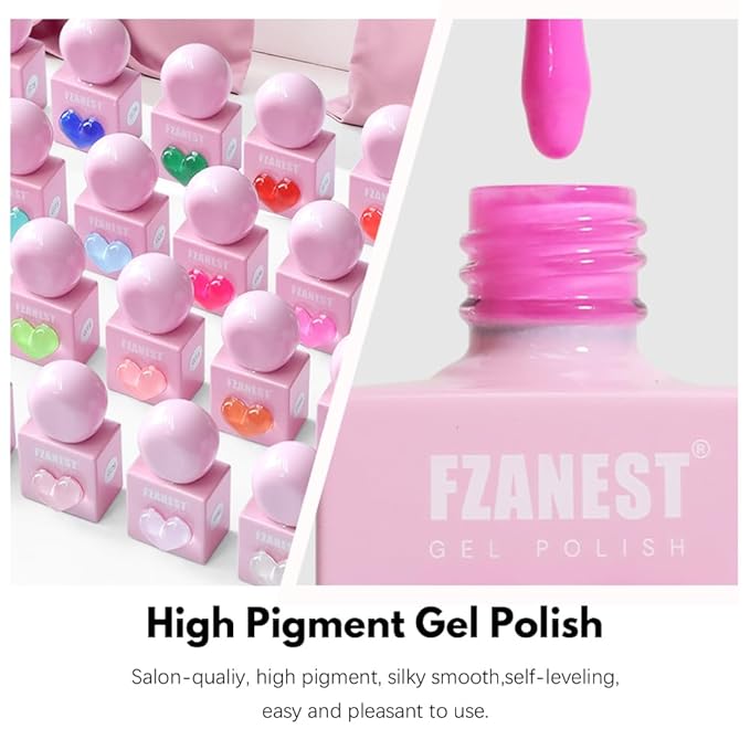 FZANEST Hema-free Gel Nail Polish Set, 30pcs TPO-free Nude Pink Red Blue Green Yellow All Season Gel Polish Colors with Rubber Base Top Coat Blooming Matte Top Soak Off Uv LED Nail Gel Kit