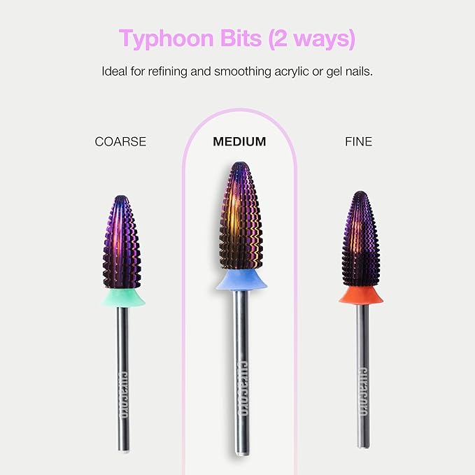 Curacoro Nail Drill Bits 3/32'' - Typhoon Bits, 2 Way, Carbide Bit (Medium) for Professional Finish, Fast Remove, Refine & Smooth Acrylic or Gel Nails, Precise & Easy Control, Nail Art Salon & Home