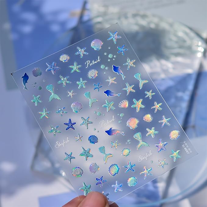 Summer Nail Art Stickers 5D Embossed Shell Starfish Nail Stickers Cute Dolphin Mermaid Nails Art Design Ocean Sea Theme Nail Decals Self Adhesive Nails Supplies for Women Manicure Decoration