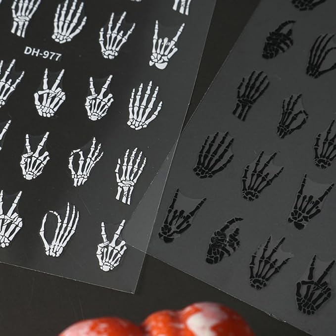 Halloween Nail Art Stickers Decals 3D Finger Bone Nail Stickers 4PCS Black White Gold Silver Fantasy Bone Design Halloween Nails Adhesive Decals Supply for Women Holiday Manicure Nail Art Decorations