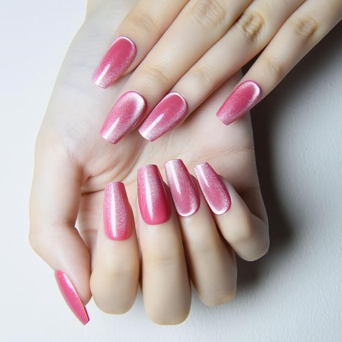 evpct Rose Pink Cat Eye Coffin Press on Nails Square Medium, Medium Square Glue on Nail for Women, Rose Pink Metallic Glitter Glossy Reusable Summer Soft Gel Press on Acrylic Fake Nail with Designs