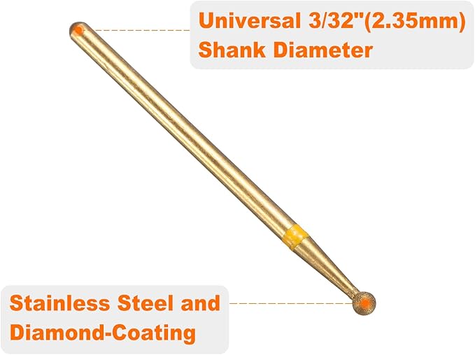 HARFINGTON 6pcs 325-400 Grits Diamond Grinding Bit 2.5mm Ball Head 2.35mm Shank 2.5mm Length Titanium Plated Stone Sanding Drill Bits Rotary Tool for Nails Grinding Polishing
