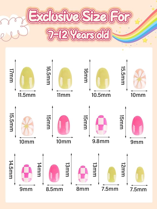 EBANKU 26 Pcs Kids Press on Nail Short, Floret Grid Fake Nails for Girls 5-12 Years False Nails Kit with Nail Glue, Full Cover Stick on Nails Tip for Child