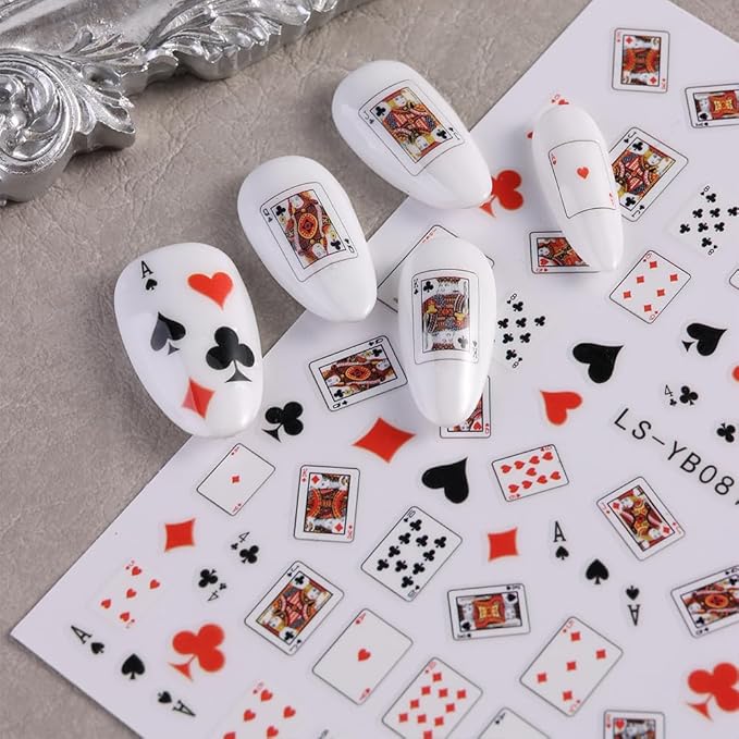 3D Self-Adhesive Nail Stickers - Poker Theme with Hearts & Diamonds, Trendy Fashion Nail Art Designs for Women A Set of 2 Sheets